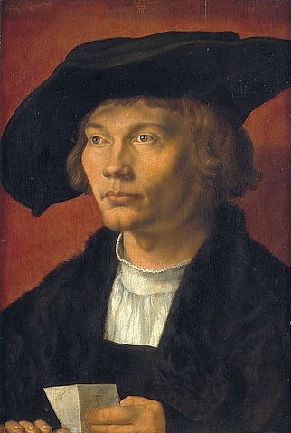 Albrecht Dürer, Bildnis eines jungen Mannes (Bernhard von Reesen?). 1521 (Dresden,Gemäldegalerie,Eichenholz,1471-1528,Dürer,Albrecht,Dürer,Albrecht Dürer,Mann, Junger Mann,Kopfbedeckung,15. Jahrhundert,16. Jahrhundert,Deutschland,deutsch,Renaissance,Portrait,Porträt,Bernhard von Reesen,Hut,Zettel,Notiz,Brief,Kragen)