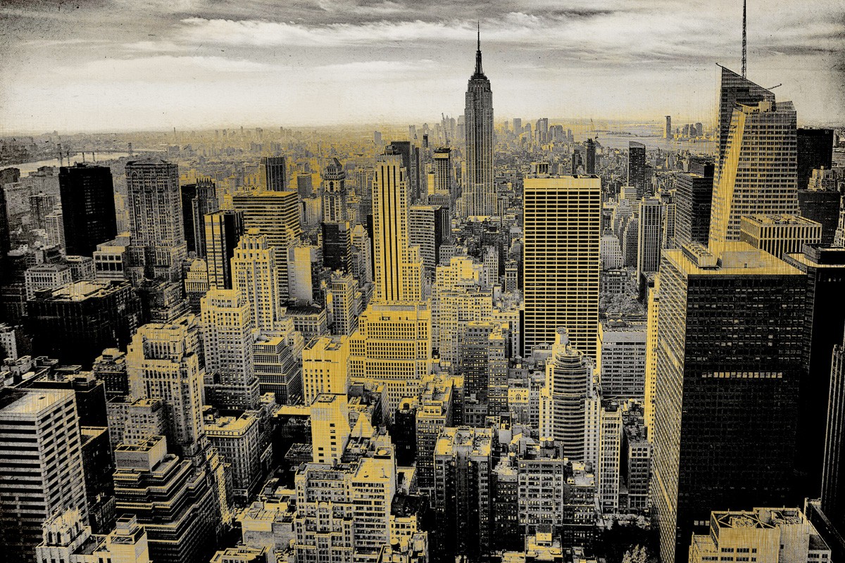 Kimberly Allen, Manhattan (Städte, Metropole, New York, Amerika, Wolkenkratzer, Skyline, Fotokunst, Wunschgröße, modern, Wohnzimmer, Büro, Business, grau/gelb)