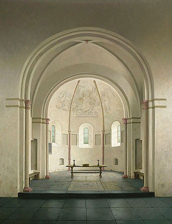 Henk Helmantel, Apse of the romanesque church at Bozum (Malerei, Architektur, Kirche, Apsis, Chor,  St. Martinuskirche, Sint-Martinuskerk, romanisch, Niederlande, Treppenhaus, Wohnzimmer, Schlafzimmer, bunt)