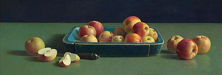 Henk Helmantel, Blue chest with apples (Malerei, Stillleben, Tisch, Äpfel, Obst, Kernobst, Obstschale, Früchte,  Esszimmer, Küche, Wohnzimmer, bunt)