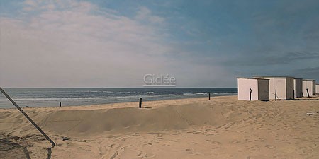 Peter van der Ploeg, Falcon (Malerei, modern, Fotorealismus, Meeresbrise, maritim, Meer, Strandhütten, Strand, Sand, Falke, Greifvogel, verlassen, Horizont, Treppenhaus, Wohnzimmer, bunt)