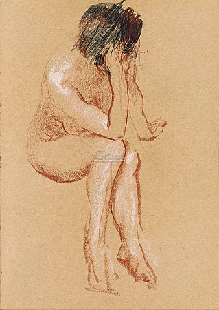 Matthijs Röling, Nude sitting (Zeichnung, modern, Akt, Erotik, nackte Frau, Sitzende Frau, Rötelzeichnung, Skizze, Schlafzimmer, beige / rot)