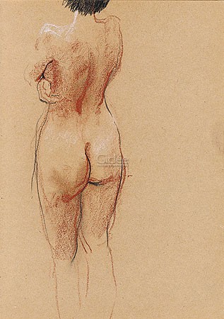 Matthijs Röling, Nude (Zeichnung, modern, Akt, Erotik, nackte Frau, Rückenakt, Rötelzeichnung, Skizze, Schlafzimmer, beige / rot)