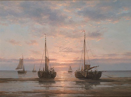 Peter J. Sterkenburg, Ships on mud flats (Malerei, Meeresbrise, Meer, Segelboote, Segel, Sonnenuntergang, Ebbe, Strand,  Nostalgie, Horizont, Wohnzimmer, Büro, bunt)