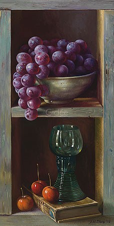 Jef Diels, Chest with grapes (Malerei, Stillleben, Trompe-l'oeil, Holzregal, Kasten, Schale, Früchte, Beeren, Weintrauben, rote Trauben, Weinpokal, Weinglas, Buch, altes Buch,   Küche, Esszimmer, Gastronomie, bunt)