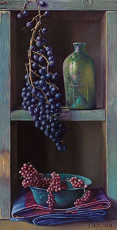 Jef Diels, Chest with grapes (Malerei, Stillleben, Trompe-l'oeil, Holzregal, Kasten, Schale, Glasflasche, Beeren, Weintrauben, rote Trauben, Tischtuch, Handtuch, Küche, Esszimmer, Gastronomie, bunt)