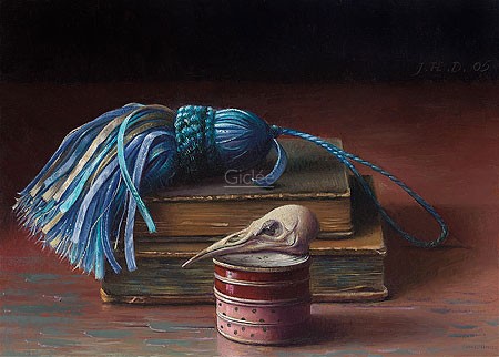 Jef Diels, Silent Witness (Malerei, Stillleben, Bücher, alte Bücher, Bommel, Troddel, Schädel, Knochen, Vogelschädel, roter Holztisch, abgewetzt, Wohnzimmer, Bücherei, Gastronomie, bunt)