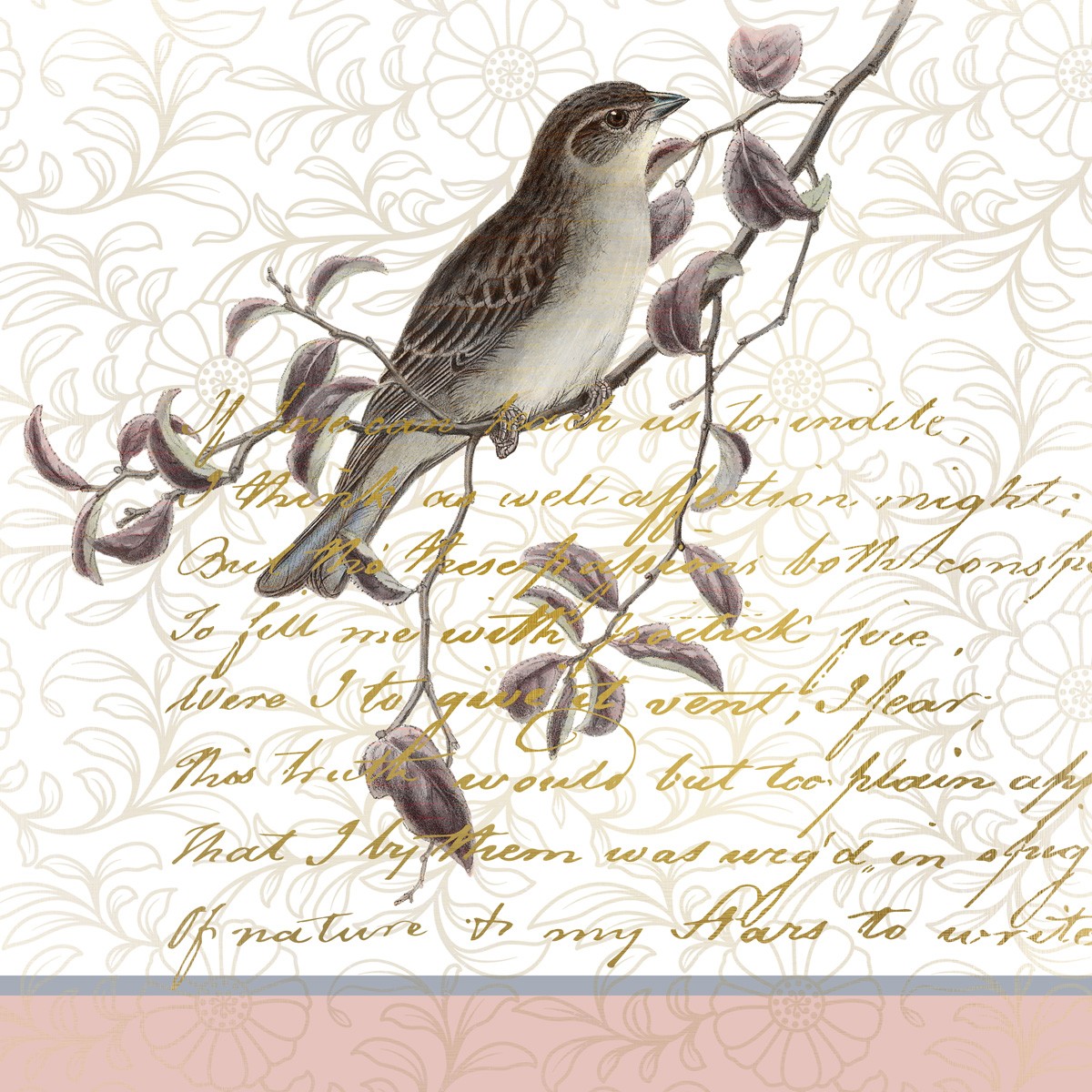 Kimberly Allen, Serenity Birds 1 (Vogel, heiter, Zweig, florale Muster, Kalligrafie, Grafik, Küche, Esszimmer, Treppenhaus, Wunschgröße, bunt)