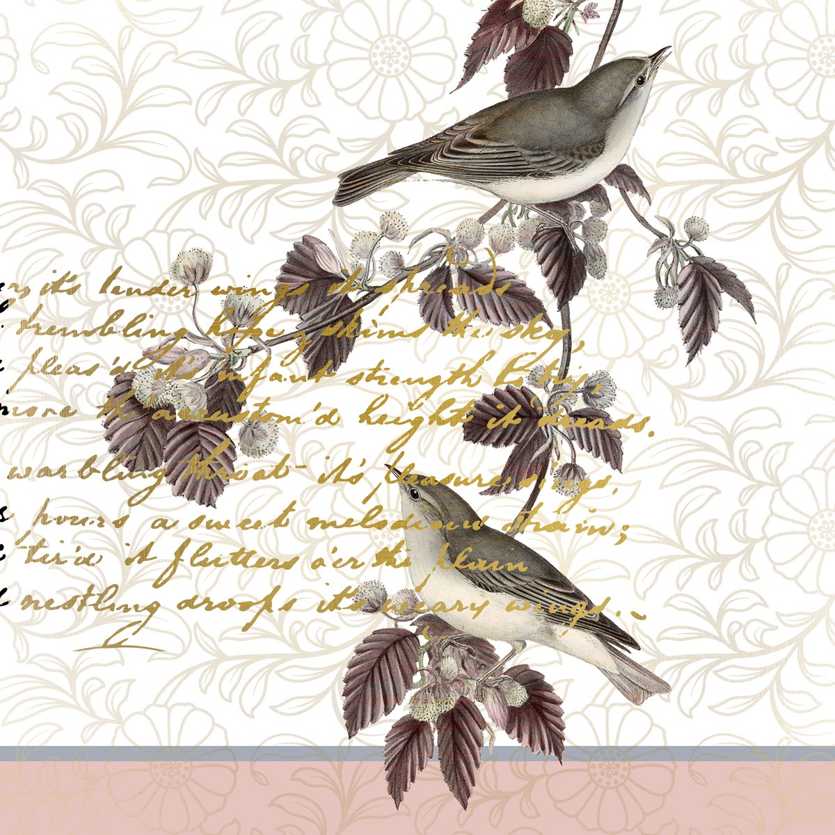 Kimberly Allen, Serenity Birds 2 (Vogel, heiter, Zweig, florale Muster, Kalligrafie, Grafik, Küche, Esszimmer, Treppenhaus, Wunschgröße, bunt)