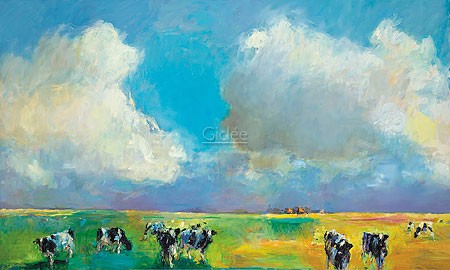 Dinie Boogaart, Friesland II (Malerei, Landschaft, Niederlande, Kühe, Nutztiere, Tiere, Weide, Sommer, Sommerlicht, Himmel, Wolken, impressionistisch, Wohnzimmer, bunt)