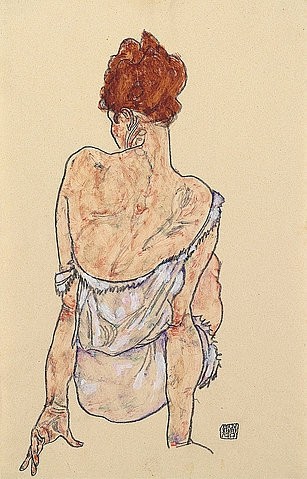 Egon Schiele, Sitzende in Unterwäsche, Rückenansicht. 1917 (Schiele,Egon,1890-1918,Christie's Images Ltd,Gouache/Aquarell,20. Jahrhundert,und Kreide auf Papier,Egon Schiele,1917,Frau,sitzen,Sitzende,Rücken,Rückenansicht,Rückenakt,rothaarig,Rothaarige,Unterhemd,Unterwäsche,intim,auf dem Boden sitzen,Schulter)