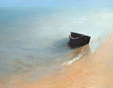 Dinie Boogaart, Little boat (Malerei, Landschaft, Niederlande, Meeresbrise, Meer, Strand, Sand, Boot, gestrandet,  Sommer, Sommerlicht, impressionistisch, Wohnzimmer, bunt)