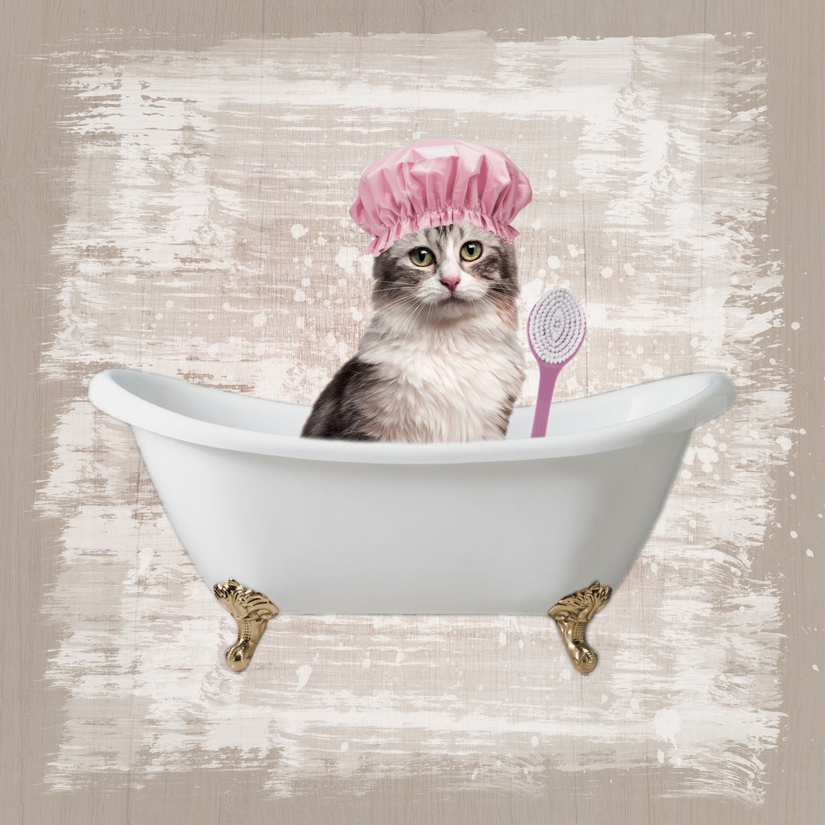 Marcus Prime, Kitty Baths 1 (Katze, Badewanne, Badehaube,  witzig, lustig, niedlich, Jugendzimmer, Badezimmer, Grafik, Wunschgröße, bunt)