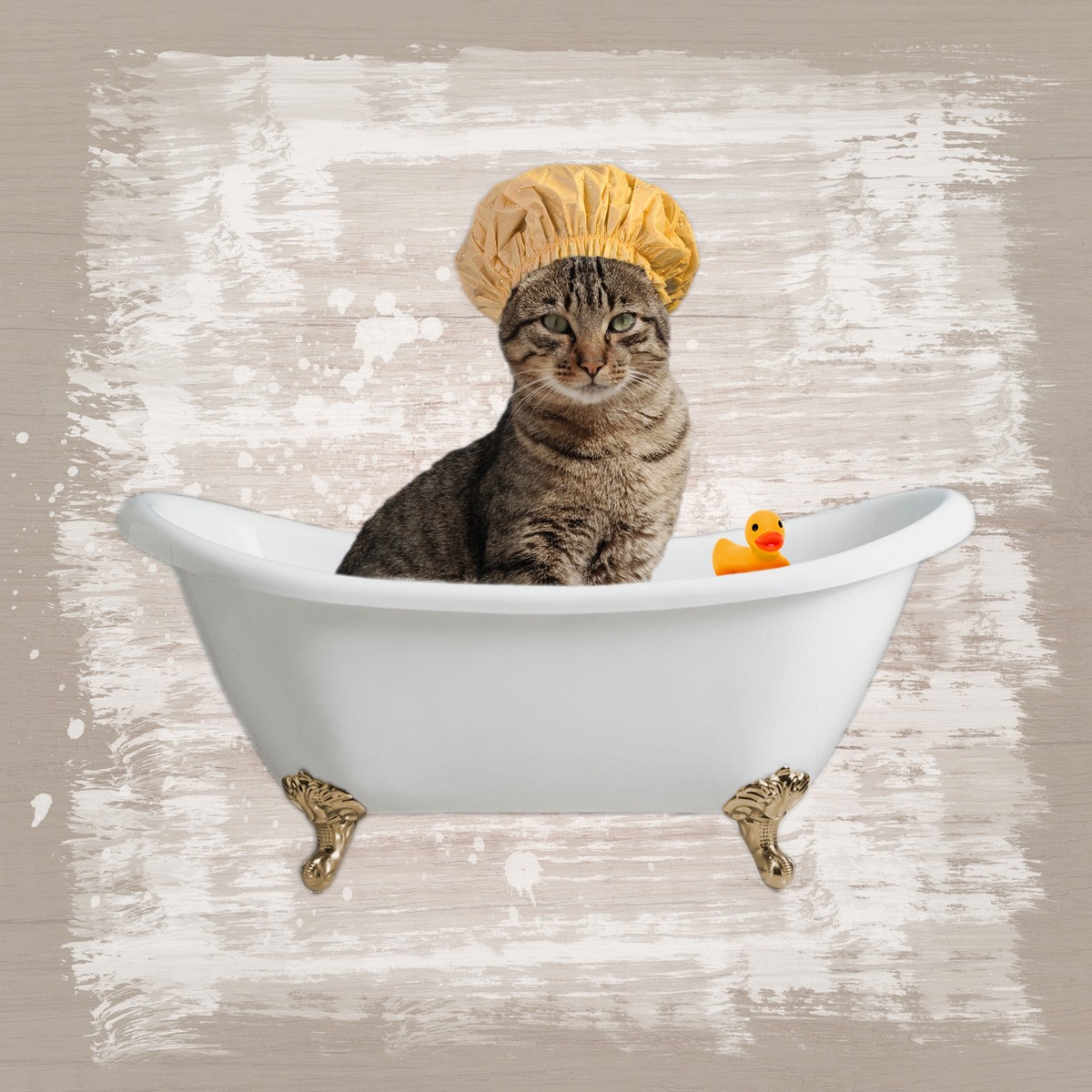 Marcus Prime, Kitty Baths 4 (Katze, Badewanne, Badehaube,  witzig, lustig, niedlich, Jugendzimmer, Badezimmer, Grafik, Wunschgröße, bunt)