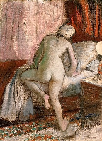 Edgar Degas, Schlafenszeit (Le Coucher). Um 1883 (Impressionismus,über Monotypie auf Papier,19. Jahrhundert,Pastell,Christie's Images Ltd,1834-1917,Degas,Edgar,Edgar Degas,1883,Rücken,Rückenansicht,Hintern,Bett,Schlafzimmer,intim,Schlafenszeit,Akt,Frau,von hinten,Pastell,müde,zu Bett gehen,schlafen,unbeo)