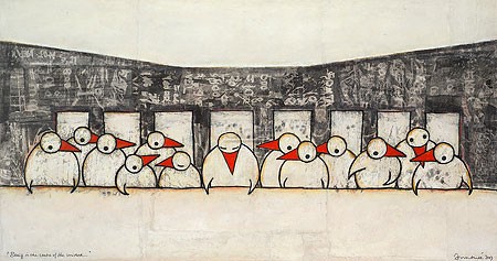 Hans P. Innemée, Being in the centre of the universe... (Malerei, Karikatur, Pinguine, Zentrum, Abendmahl, zwölf Jünger, witzig, lustig, komisch, Treppenhaus, Wohnzimmer, Jugendzimmer, bunt)