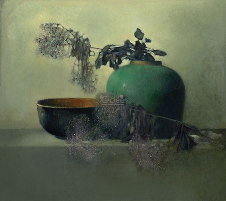 Pieter Knorr, Purple branch with chinese bowl (Malerei, Stillleben,Vase, Schale, Blume, zweig, Vergänglichkeit, Esszimmer, Treppenhaus, bunt)