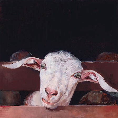 Pieter Pander, Goat's head I (Malerei, Tiere, Tierportrait, Ziege, Gatter, Ziegenkopf, Wohnzimmer, Treppenhaus,  bunt)