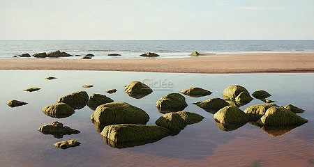 Peter van der Ploeg, Stones (Malerei, modern, Fotorealismus, Meeresbrise, maritim, Meer, Ebbe, Sand, Steine, Küste, verlassen, Treppenhaus, Wohnzimmer, Schlafzimmer,  bunt)