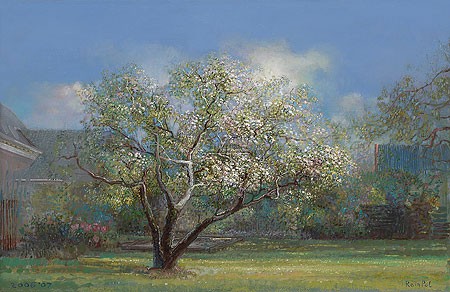 Rein Pol, Garden in Aduard (Malerei, Landschaft, Natur, Frühling, Baum, Blüten, blühender Baum,   Wohnzimmer, Treppenhaus, Arztpraxis, bunt)