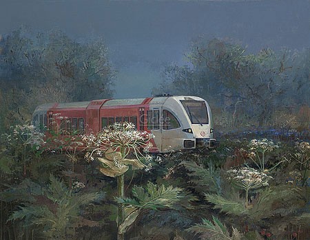 Rein Pol, Spurt in giant hogweed (Malerei, Landschaft, Natur, Eisenbahn, Lokomotive, Bärenklau, Herkulesstaude, Reisen, Urlaub, Wohnzimmer, Treppenhaus, bunt)