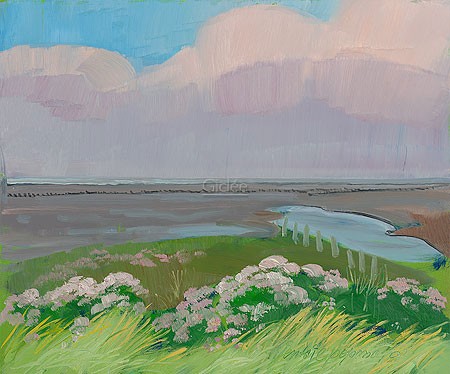 Jentsje Popma, Mud Flats with Halophyte (Malerei, Landschaft, Wattenmeer, Meer, Meeresbrise, Dünengras, Salzpflanze, Sommer, Niederlande, Wolken, zeitgenössische Malerei, Wohnzimmer, Arztpraxis, bunt)