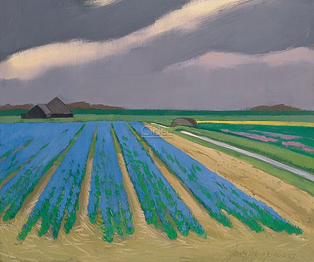Jentsje Popma, Grape Hyacinths (Malerei, Landschaft, Felder, Bauernhof, Blumenfeld, Traubenhyazinthen, Landwirtschaft, Sommer, leuchtend,  zeitgenössische Malerei, Wohnzimmer, Arztpraxis, bunt)