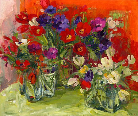 Carla Rodenberg, Anemones (Malerei, Modern, Stillleben, Blumenvase, Mohnblumen, Sommerstrauß, abstrakter Realismus,  abstrakte Elemente, Wohnzimmer, Schlafzimmer,rot / bunt)