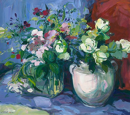 Carla Rodenberg, Two Bouquets (Malerei, Modern, Stillleben, Blumenvase, Blumen, Blüten, abstrakter Realismus,  abstrakte Elemente, Wohnzimmer, Schlafzimmer,rot / bunt)