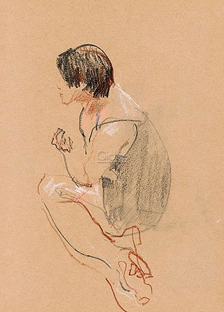 Matthijs Röling, Woman sitting (Zeichnung, modern, Sitzende Frau, Rötelzeichnung, Skizze, Schlafzimmer, beige / rot)