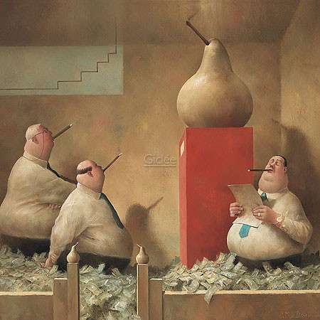 Marius van Dokkum, Golden Pears (Malerei, Karikatur,goldene Birne, reiche Männer, Geld, dicke Männer, rauchende Männer, komisch, Esszimmer, Wohnzimmer, bunt)
