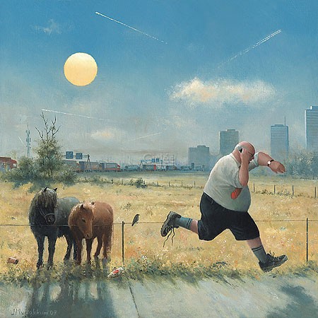 Marius van Dokkum, Beating the Clock (Malerei, Karikatur, Sportler, Jogger, alter Jogger, Stadtrand, Wettlauf, Zeit, Pferde,  lustig, komisch, Wohnzimmer, bunt)