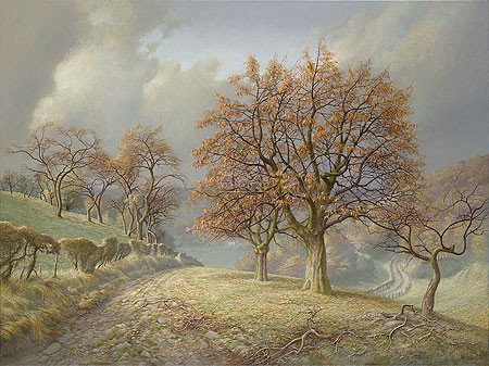 Patrick Creyghton, Autumn Landscape (Malerei, Natur, Landschaft, Jahreszeit, Herbst, Feldweg, Bäume, Herbstlaub, Einsamkeit, Weite, Sommer, Horizont, naturalistisch, Wohnzimmer, bunt)