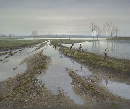 Patrick Creyghton, Silent Light (Malerei, Natur, Landschaft, Felder, Wasser, Überflutung, Einsamkeit, Weite,  Horizont, naturalistisch, Wohnzimmer, bunt)