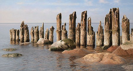 Peter van der Ploeg, Wounded Warriors (Malerei, modern, Fotorealismus, Meeresbrise, maritim, Meer, Ebbe, Sand, Steine, Küste, Holz, morsch, Pflöcke,  verlassen, Treppenhaus, Wohnzimmer, Schlafzimmer,  bunt)