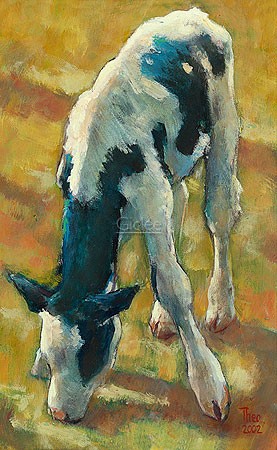 Theo Onnes, Calf (Malerei, Kalb, Weide, Nutztier, Tier, Treppenhaus, Wohnzimmer, Tierarztpraxis, bunt)