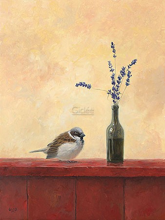 Ulco Glimmerveen, Sparrow (Malerei, Stillleben, Blumen, Glasflasche, Vogel, Spatz,  Wohnzimmer, Schlafzimmer, Treppenhaus, bunt)