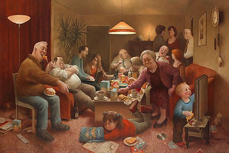 Marius van Dokkum, Bloated (Malerei, Karikatur, Familienfeier, chaos, Völlerei, dicke Kinder, aufgedunsen, aufgebläht,  Familientreffen,  lustig, komisch, Wohnzimmer, bunt)