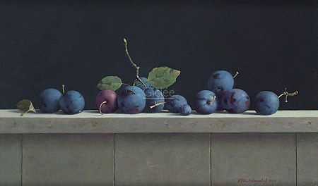 Henk Helmantel, Still life with plums (Malerei, Stillleben, Pflaumen, Obst, Steinobst, Früchte,  Esszimmer, Küche, bunt)