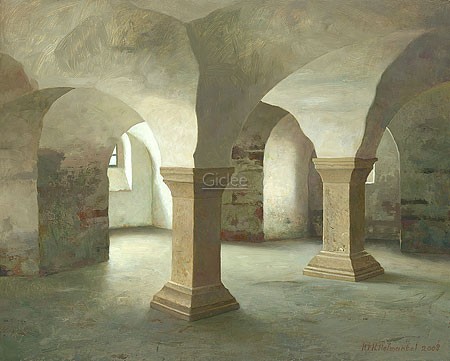 Henk Helmantel, Crypt of the Roman Church St. Cyriakus in Gernrode (Malerei, Architektur, Kirche, Krypta, Stiftskirche, St. Cyriakus, ottonische Architektur, Deutschland, Treppenhaus, Wohnzimmer, Schlafzimmer, bunt)