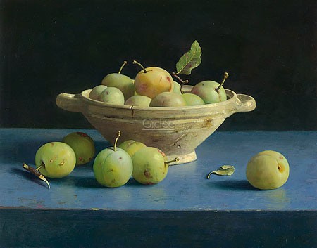 Henk Helmantel, A dish of plums (Malerei, Stillleben, Tisch, gelbe Pflaumen, Obst, Steinobst, Schale,  Pflaumen, Früchte,  Esszimmer, Küche, bunt)