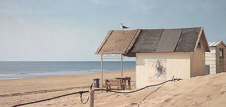 Peter van der Ploeg, My space (Malerei, modern, Fotorealismus, Meeresbrise, maritim, Meer, Strandhütten, Strand, Sand, Möwe, Seevogel, verlassen, Horizont, Treppenhaus, Wohnzimmer, bunt)