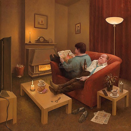 Marius van Dokkum, Safe from the storm (Malerei, Karikatur, altes Ehepaar, Abendprogramm, Fernsehen, Kamin, Feierabend, gute Stube, Sicherheit, Zuhause, komisch, Treppenhaus, Wohnzimmer, bunt)