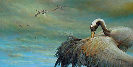 Erik van Ommen, Cranes (Malerei, Natur, Tierwelt, Kranich, ziehende Kraniche, immel, Vögel, naturgetreu, realistisch, Wohnzimmer, Schlafzimmer, bunt)