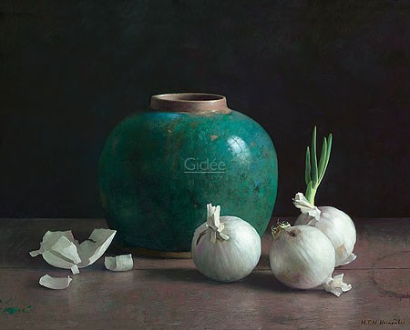 Henk Helmantel, Gingerpot and white onions on dark background (Malerei, Stillleben, Tisch, Ingwertopf, weiße Zwiebeln, Esszimmer, Küche, bunt)