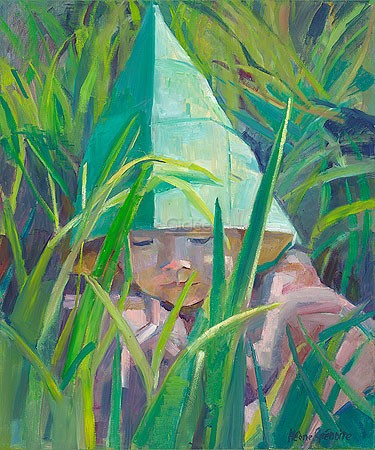 Hélène Grégoire, The little Garden Gnome (Malerei, moderne Malerei, Kind, Gnom, Zwerg, Papierhut, Versteckspiel, Garten, Sonnenlicht, dekorativ, Wohnimmer, Treppenhaus, Arztpraxis, bunt)