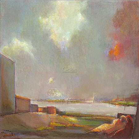 Han Mes, Landscape (Malerei, Modern, Landschaft, Orient, figurativ, Menschen, liegendes Paar, Abendstimmung, Himmel, Wolken, Kaftan,  Wohnzimmer, Arztpraxis, Treppenhaus, bunt)