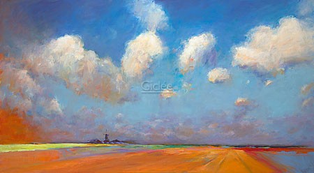 Dinie Boogaart, Bulb fields near Lisse (Malerei, Landschaft, Niederlande, Blumen, Blumenzwiebeln, Blumenzucht, Sommer, Sommerlicht, Himmel, Wolken, impressionistisch, Wohnzimmer, bunt)