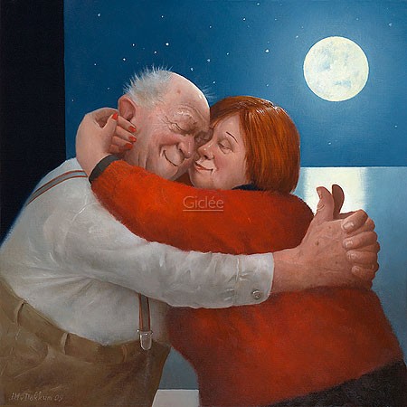 Marius van Dokkum, Full Love (Malerei, Karikatur, altes Ehepaar, Umarmung, Liebe, Nähe, Zuneigung, Vollmond, komisch, Treppenhaus, Wohnzimmer, Schlafzimmer, bunt)
