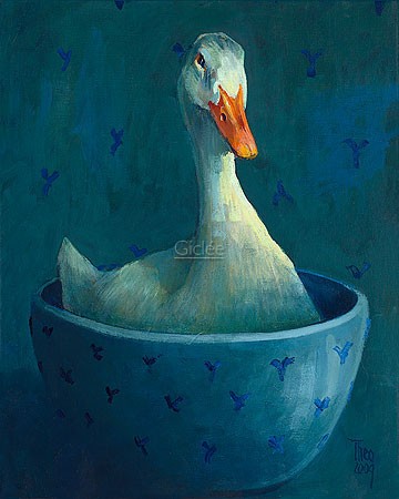 Theo Onnes, Bath ducky (Malerei, Tierportrait, Ente, Geflügel, Badeente, Ente in der Müslischüssel, Tier, witzig, Treppenhaus, Wohnzimmer, Tierarztpraxis, bunt)